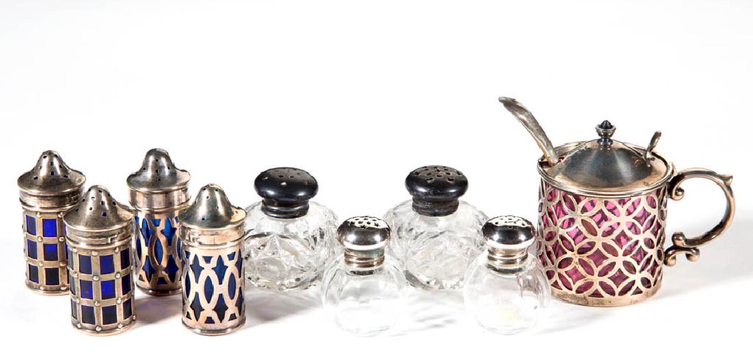 ASSORTED GLASS AND STERLING SILVER CONDIMENT ARTICLES, (1 of 1)