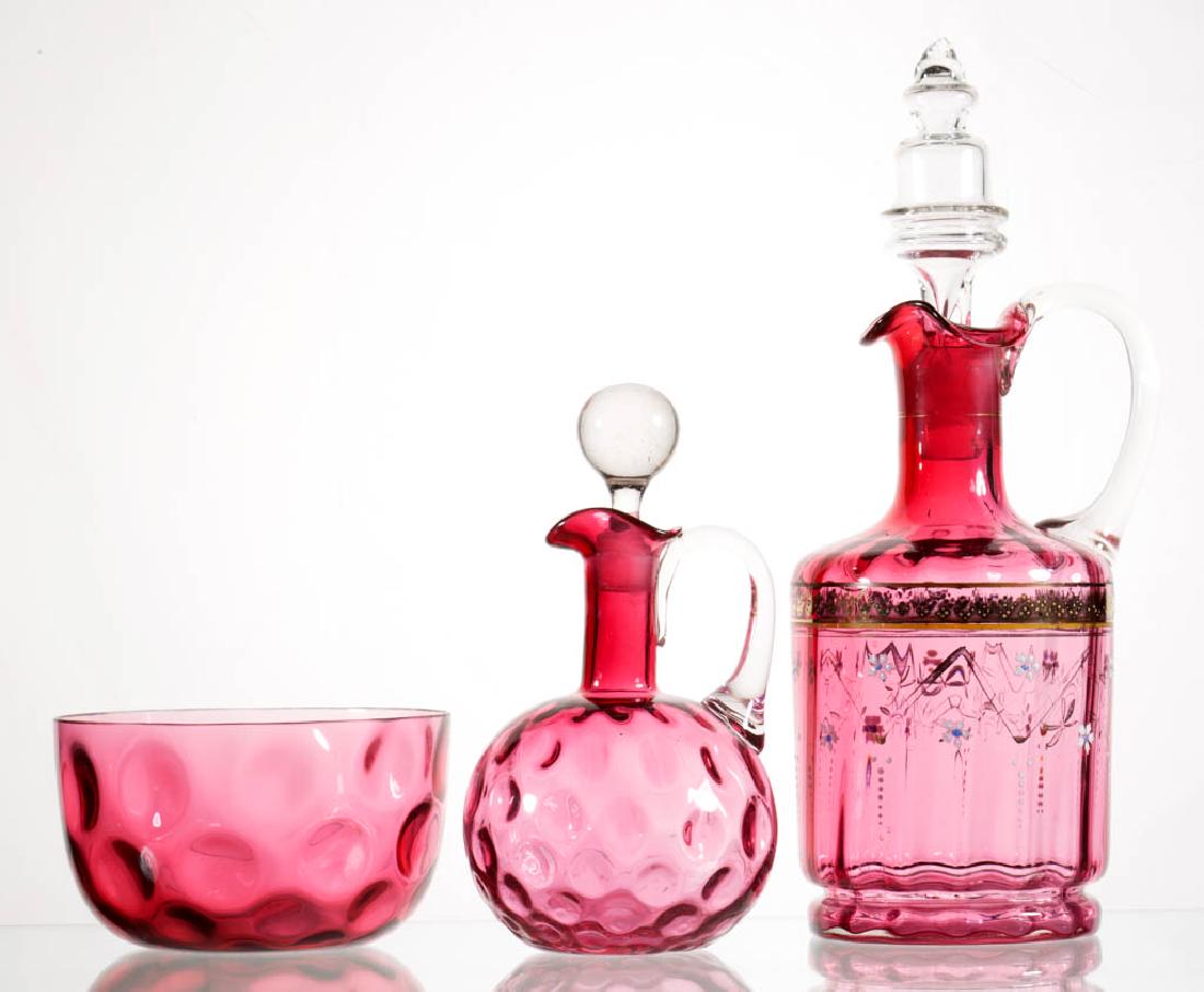 ASSORTED CRANBERRY OPTIC GLASS ARTICLES, LOT OF THREE (1 of 1)