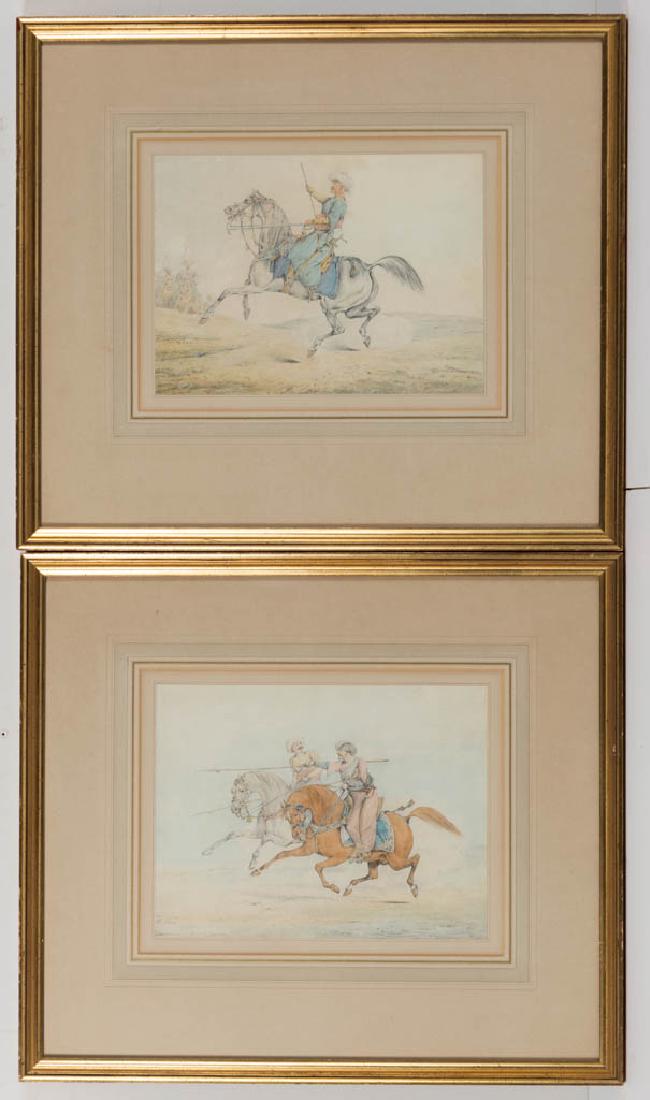 PAIR OF HENRY THOMAS ALKEN (BRITISH, 1785-1851) SCENES: PAIR OF HENRY THOMAS ALKEN (BRITISH, 1785-1851) SCENES OF PERSIAN HORSEMAN, watercolor and pencil on paper, each depicting Persian soldiers wearing turbans and carrying spears on horseback in a open l