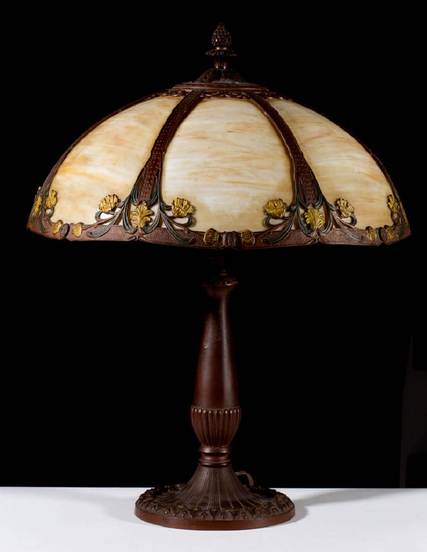 RAINAUD METAL-OVERLAY AND SLAG GLASS TABLE LAMP (1 of 3)