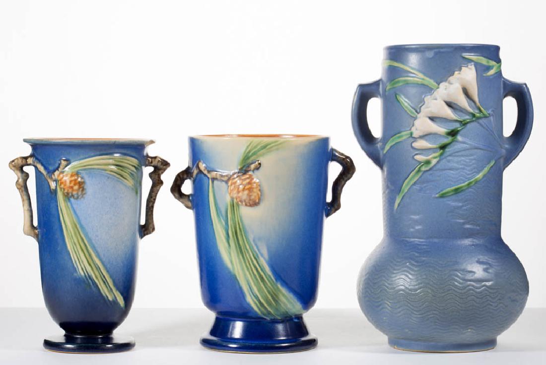 ROSEVILLE BLUE PINE CONE ART POTTERY VASES, LOT OF TWO (1 of 4)