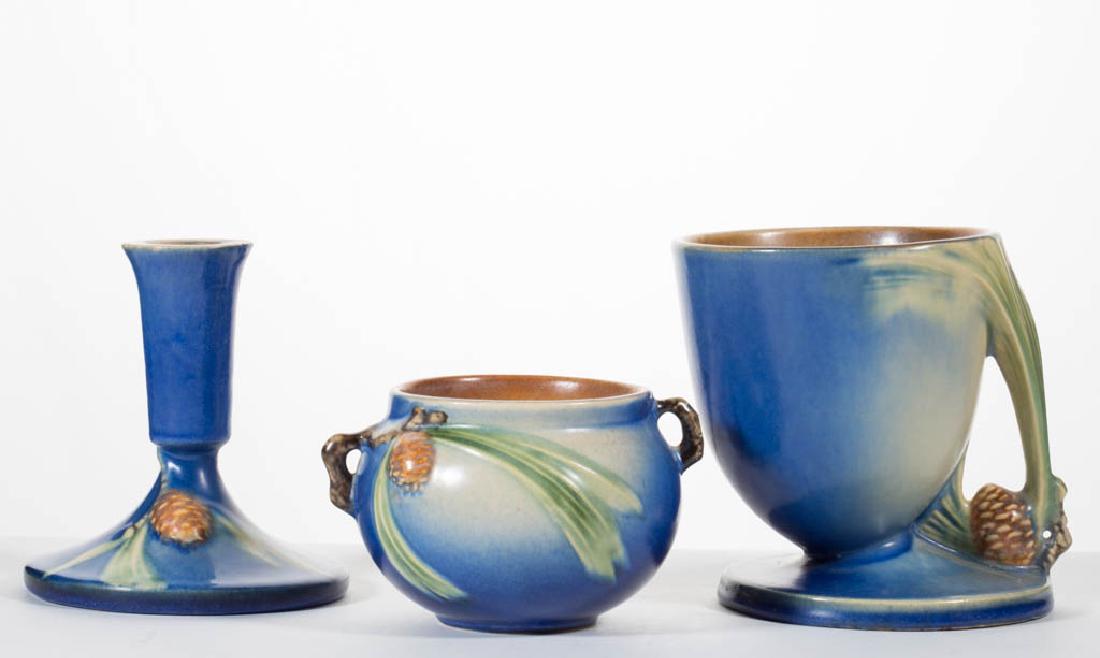 ROSEVILLE BLUE PINE CONE ART POTTERY ARTICLES, LOT OF (1 of 3)