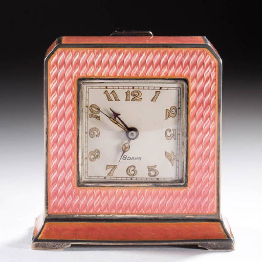 Swiss Sterling Silver And Enamel Miniature Desk Clock