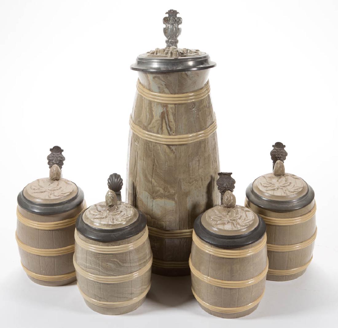 GERMAN METTLACH BARREL CERAMIC STEINS, LOT OF FIVE (1 of 3)