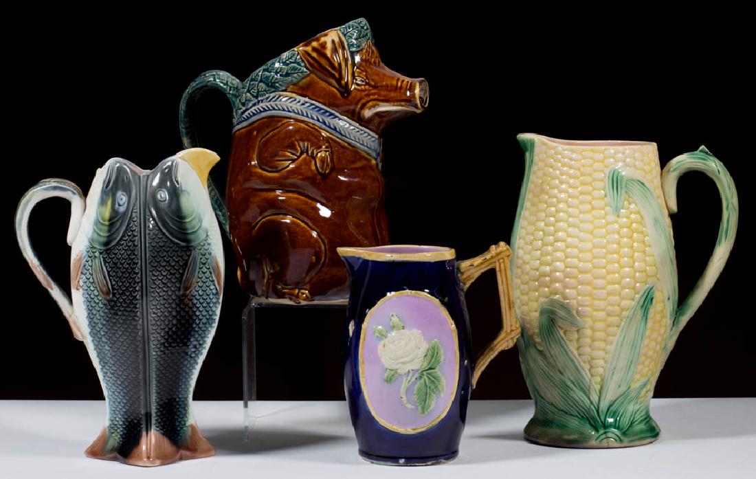 CONTINENTAL MAJOLICA CERAMIC PITCHERS, LOT OF FOUR (1 of 1)