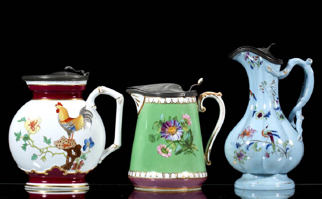 ENGLISH CERAMIC COVERED PITCHERS, LOT OF THREE (1 of 1)