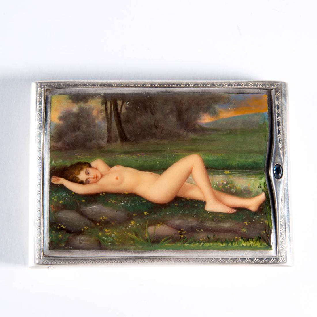 CONTINENTAL SILVER AND ENAMEL EROTIC CIGARETTE CASE: CONTINENTAL SILVER AND ENAMEL EROTIC CIGARETTE CASE, hinged lid featuring hand-painted polychrome enamel scene of recumbent nude woman in a verdant landscape setting, banded, engine-turned panel to re