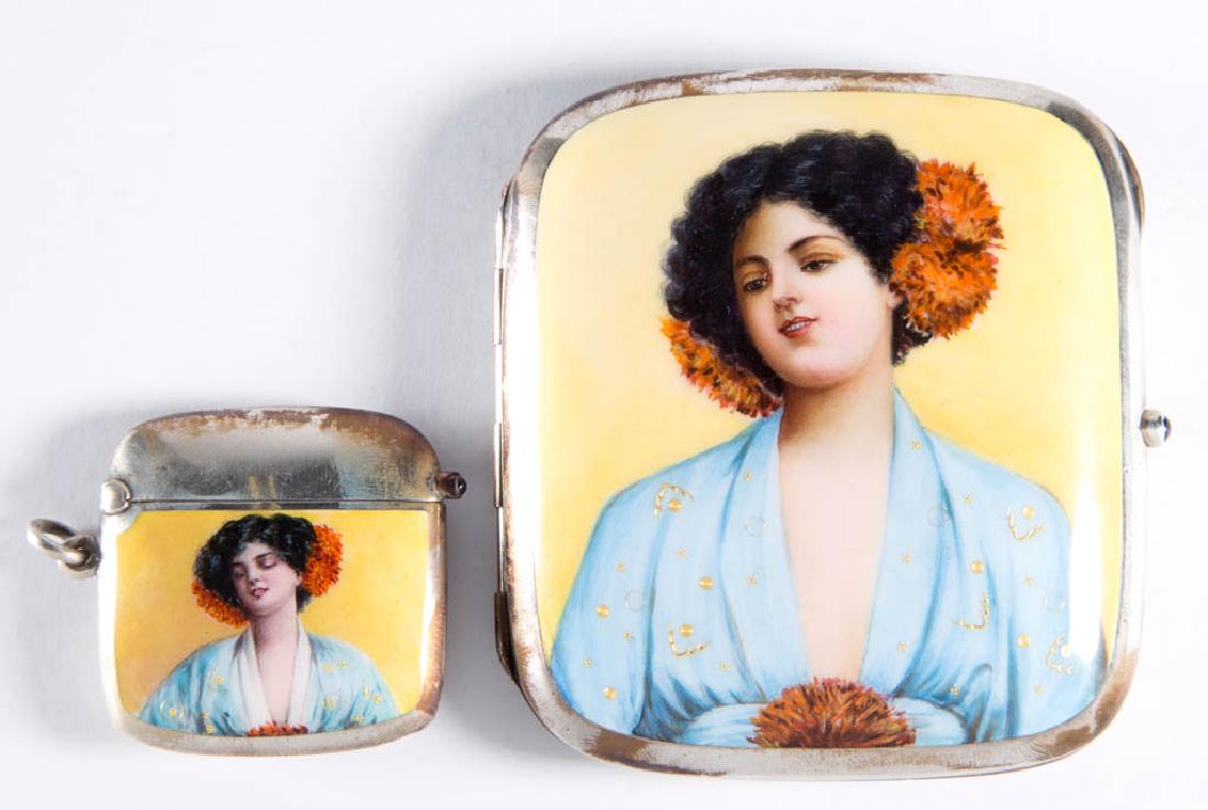 GERMAN SILVER AND ENAMEL CIGARETTE CASE AND MATCH SAFE (1 of 3)
