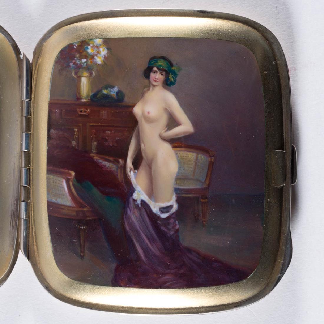 CONTINENTAL SILVER AND ENAMEL CONCEALED EROTIC: CONTINENTAL SILVER AND ENAMEL CONCEALED EROTIC CIGARETTE CASE, stylized owner's monogram below crown to obverse, gilt-washed interior, hidden cover bearing hand-painted polychrome enamel depiction of 