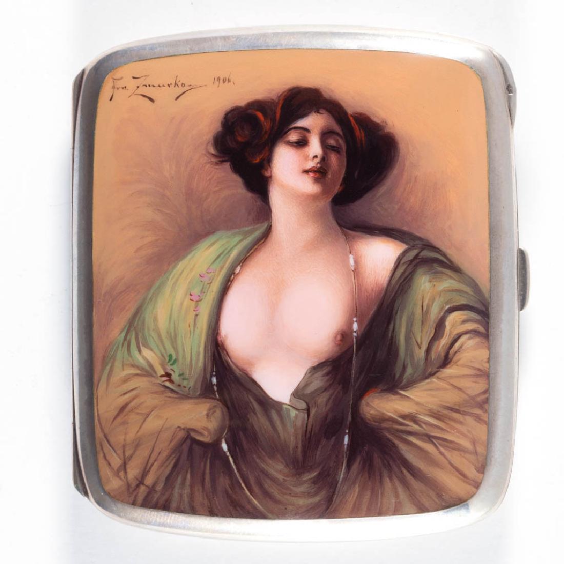 GERMAN SILVER AND ENAMEL EROTIC CIGARETTE CASE: GERMAN SILVER AND ENAMEL EROTIC CIGARETTE CASE, rectangular case with gilt-washed interior, hinged lid bearing hand-painted polychrome enamel portrait of a stylish, dark-haired lady with breasts expos