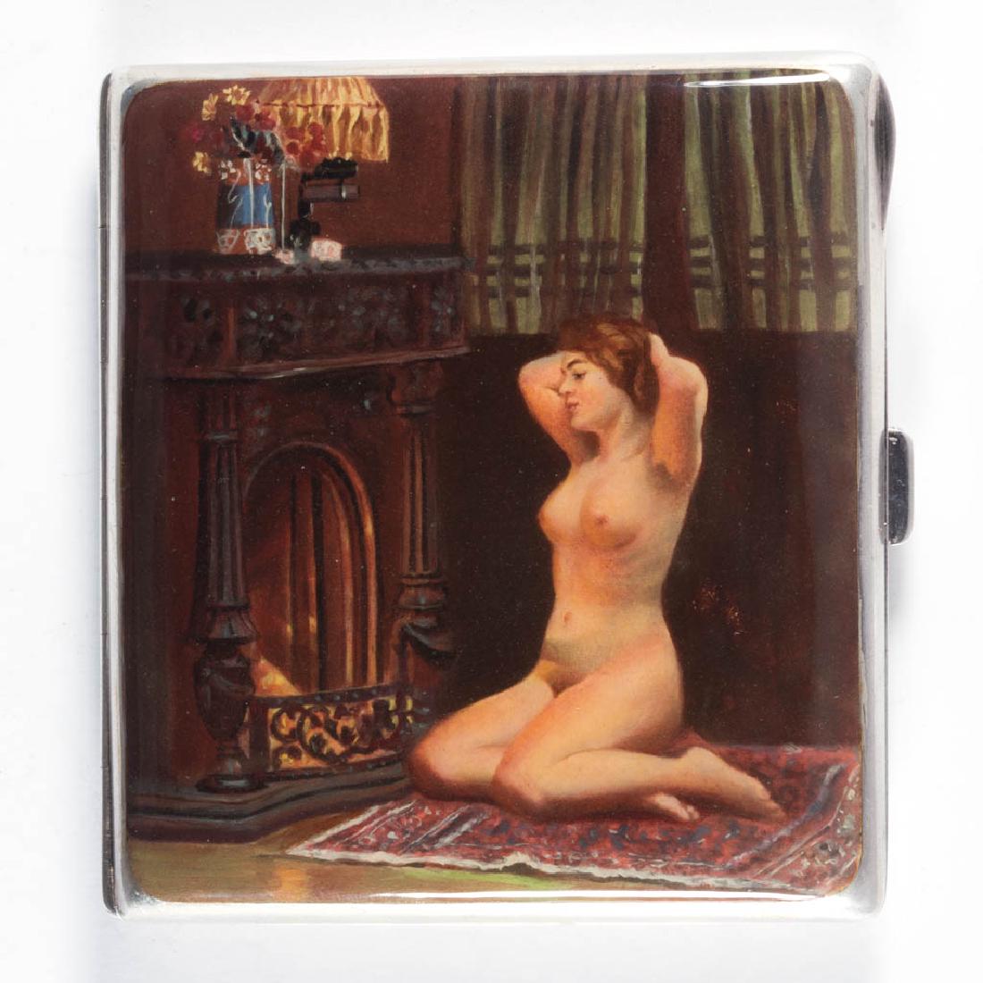 GERMAN STERLING SILVER AND ENAMEL EROTIC CIGARETTE CASE: GERMAN STERLING SILVER AND ENAMEL EROTIC CIGARETTE CASE, hinged rectangular form with gilt-washed interior, front cover with hand-painted polychrome enamel boudoir scene of nude woman before a firepla