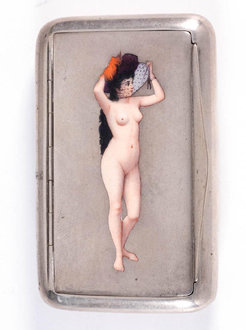 AUSTRIAN SILVER AND ENAMEL EROTIC CIGARETTE CASE: AUSTRIAN SILVER AND ENAMEL EROTIC CIGARETTE CASE, rectangular form with gilt-washed interior, hinged lid bearing hand-painted polychrome enamel depiction of a nude woman sporting black feathered cap a
