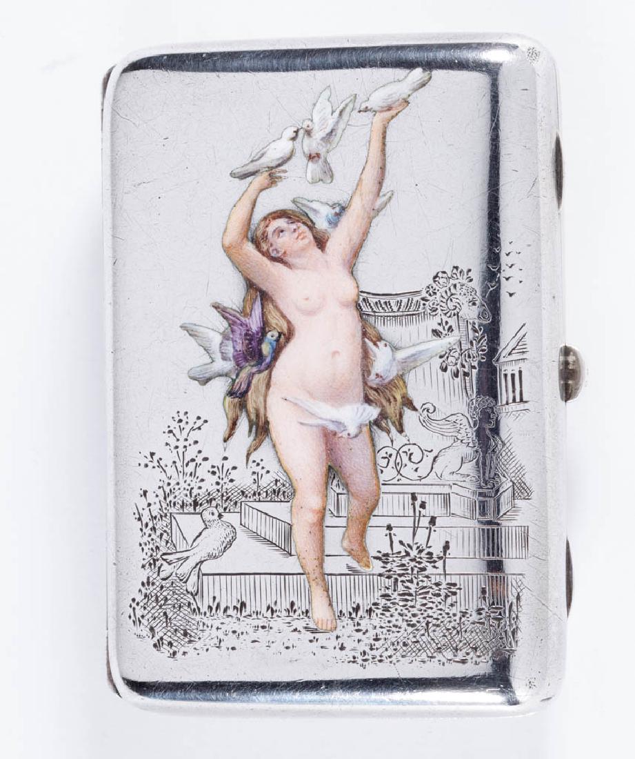 CONTINENTAL SILVER AND ENAMEL EROTIC CIGARETTE CASE: CONTINENTAL SILVER AND ENAMEL EROTIC CIGARETTE CASE, rectangular case with hinged lid featuring hand-painted polychrome enamel nude woman and doves set against an engraved garden scene, rubbed hallmar