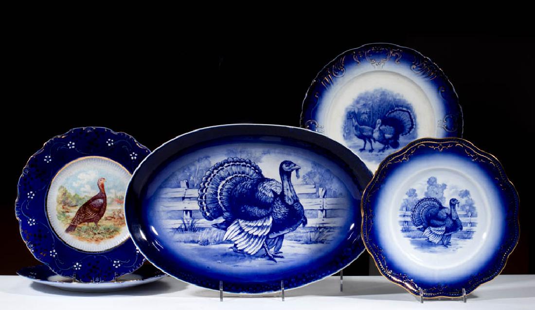 AMERICAN TURKEY MOTIF FLOW BLUE ARTICLES, LOT OF FIVE (1 of 1)