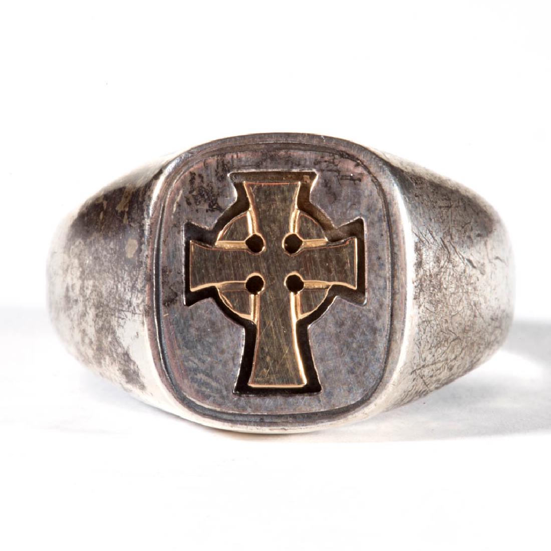 14K YELLOW GOLD AND STERLING CELTIC CROSS MAN'S RING (1 of 3)