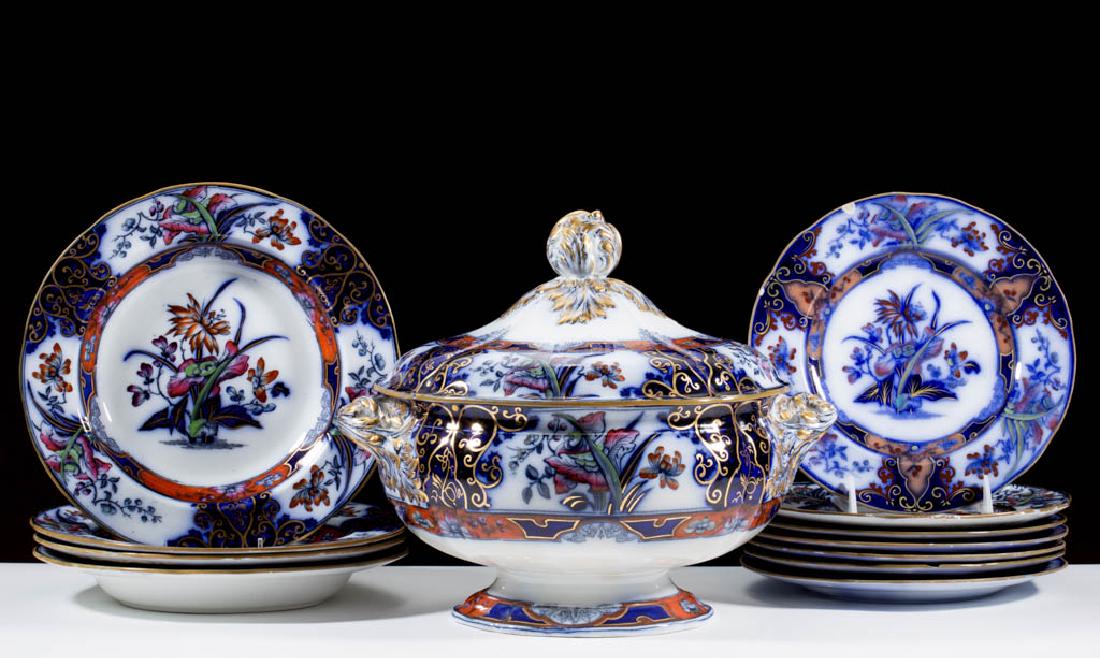 ENGLISH STAFFORDSHIRE "IRIS" GAUDY FLOW BLUE, (1 of 3)