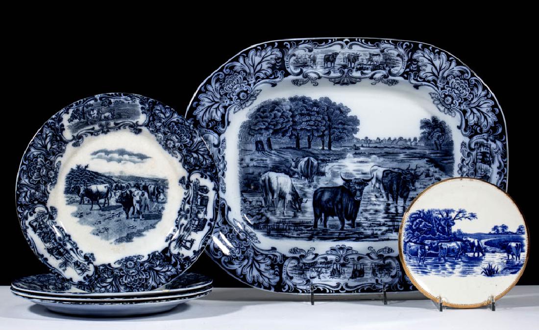 ENGLISH STAFFORDSHIRE CATTLE MOTIF FLOW BLUE, (1 of 1)