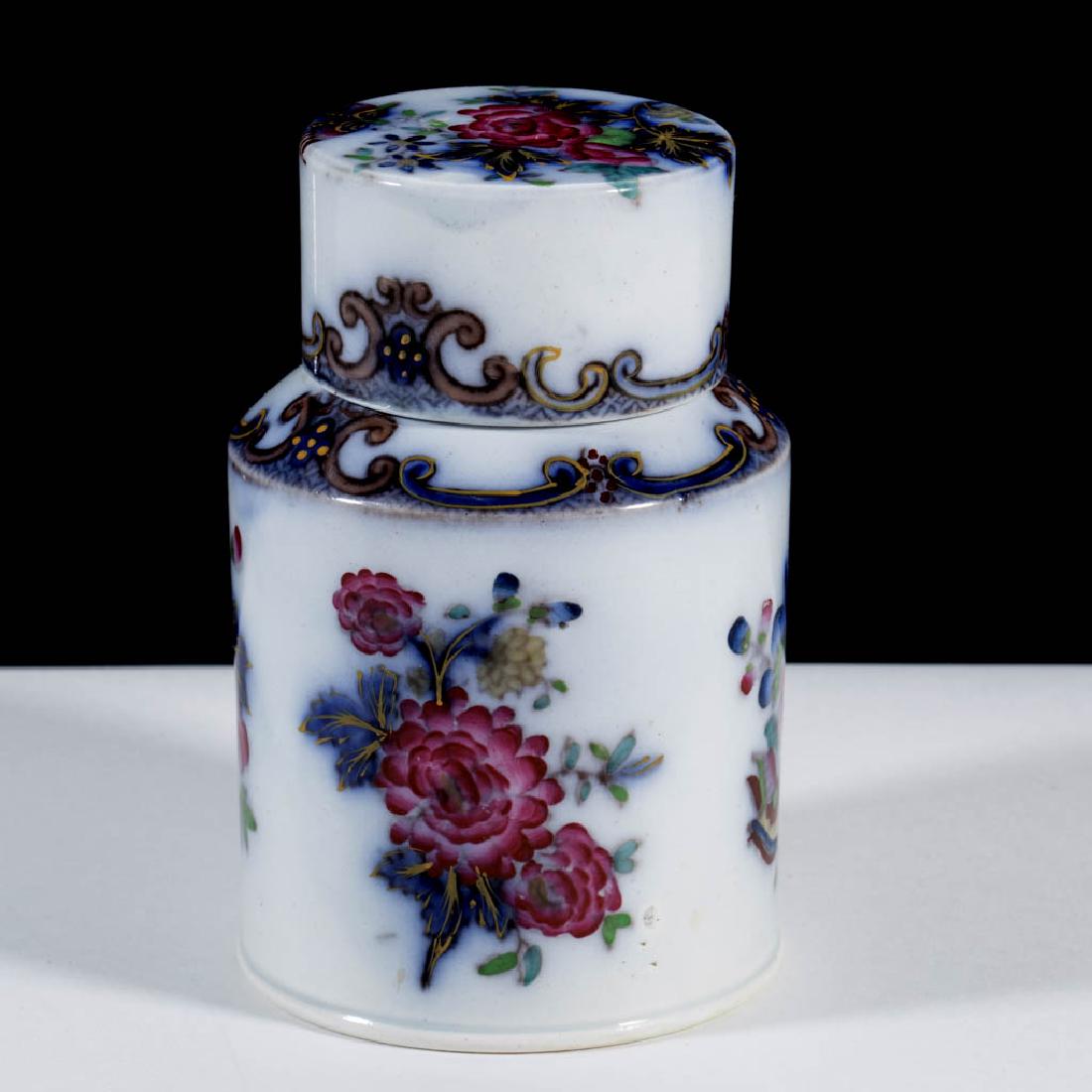 ENGLISH GAUDY FLOW BLUE, TRANSFER-PRINTED TEA CADDY (1 of 3)