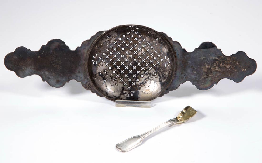AMERICAN COIN SILVER PUNCH STRAINER AND SALT SPOON, LOT (1 of 3)