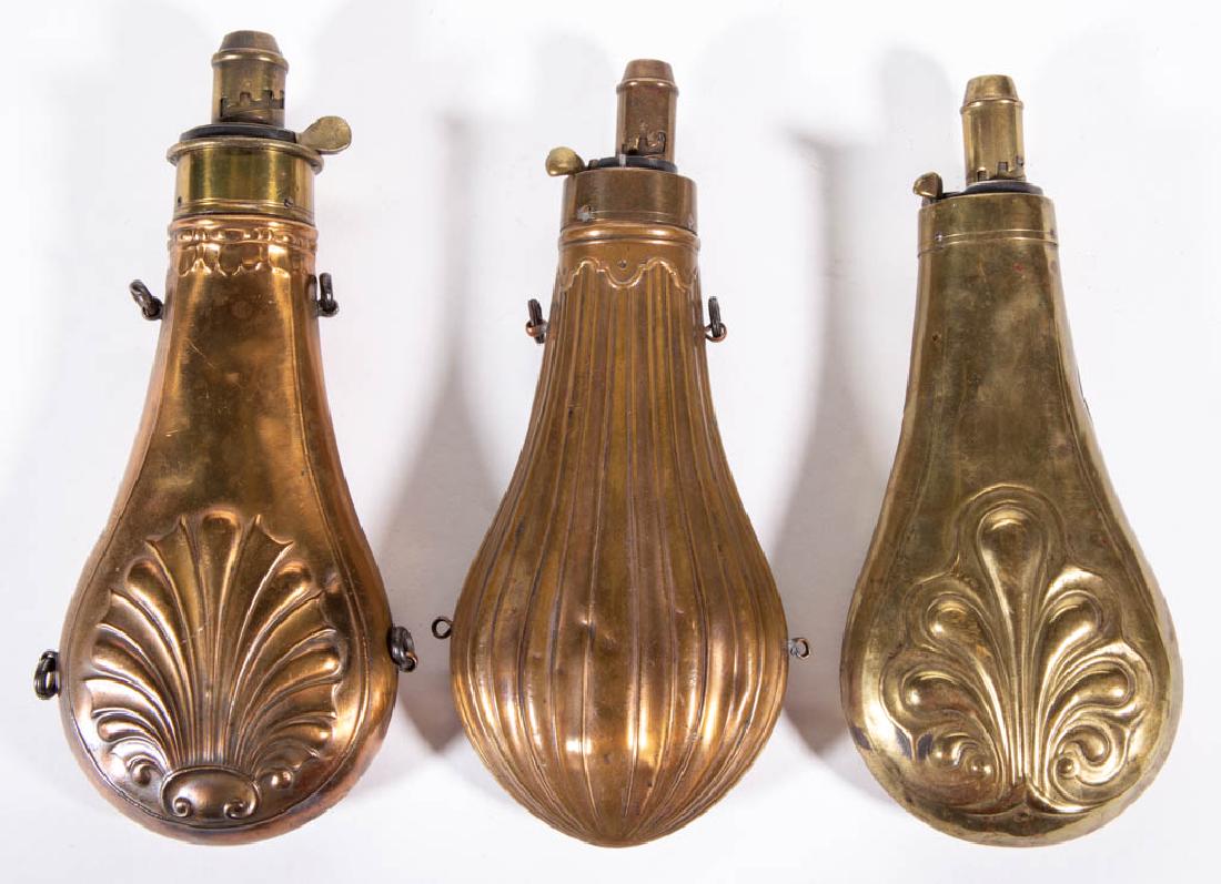 ASSORTED BRASS POWDER FLASKS, LOT OF THREE (1 of 2)