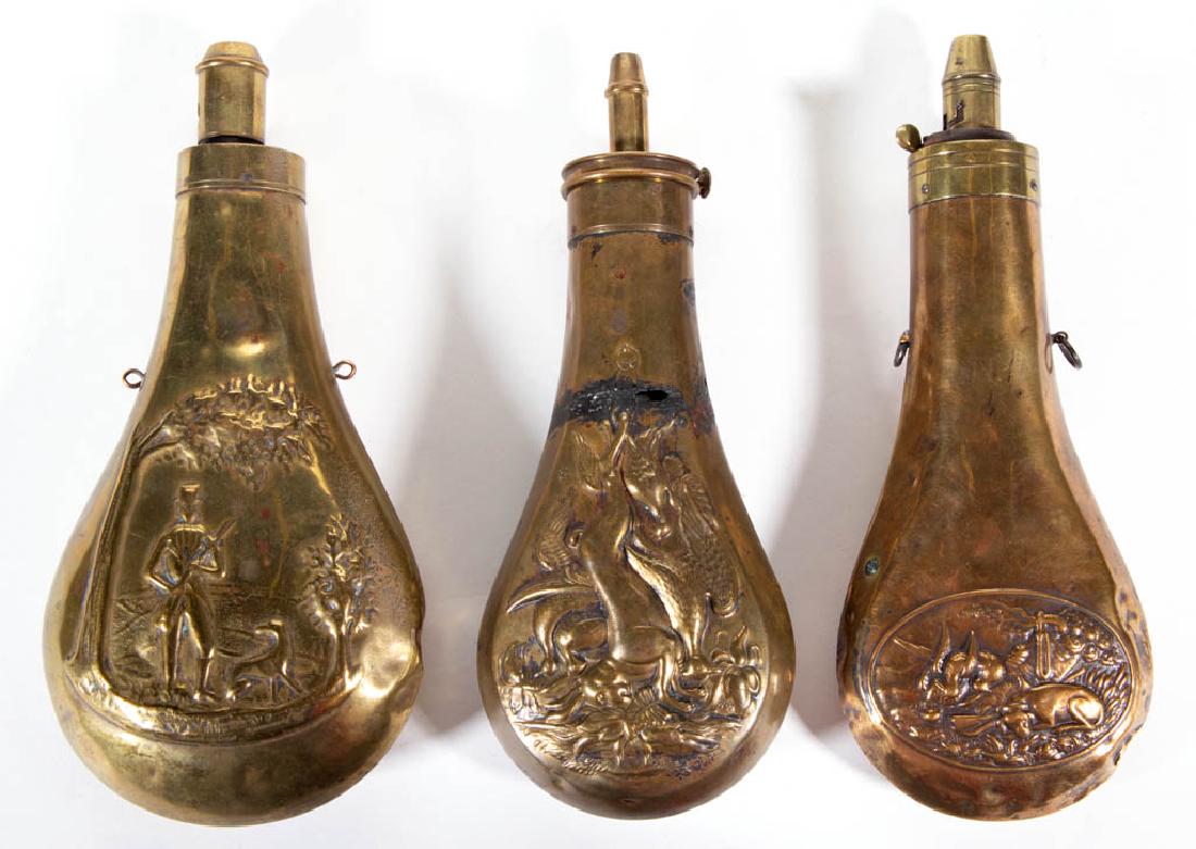 ASSORTED BRASS POWDER FLASKS, LOT OF THREE (1 of 2)
