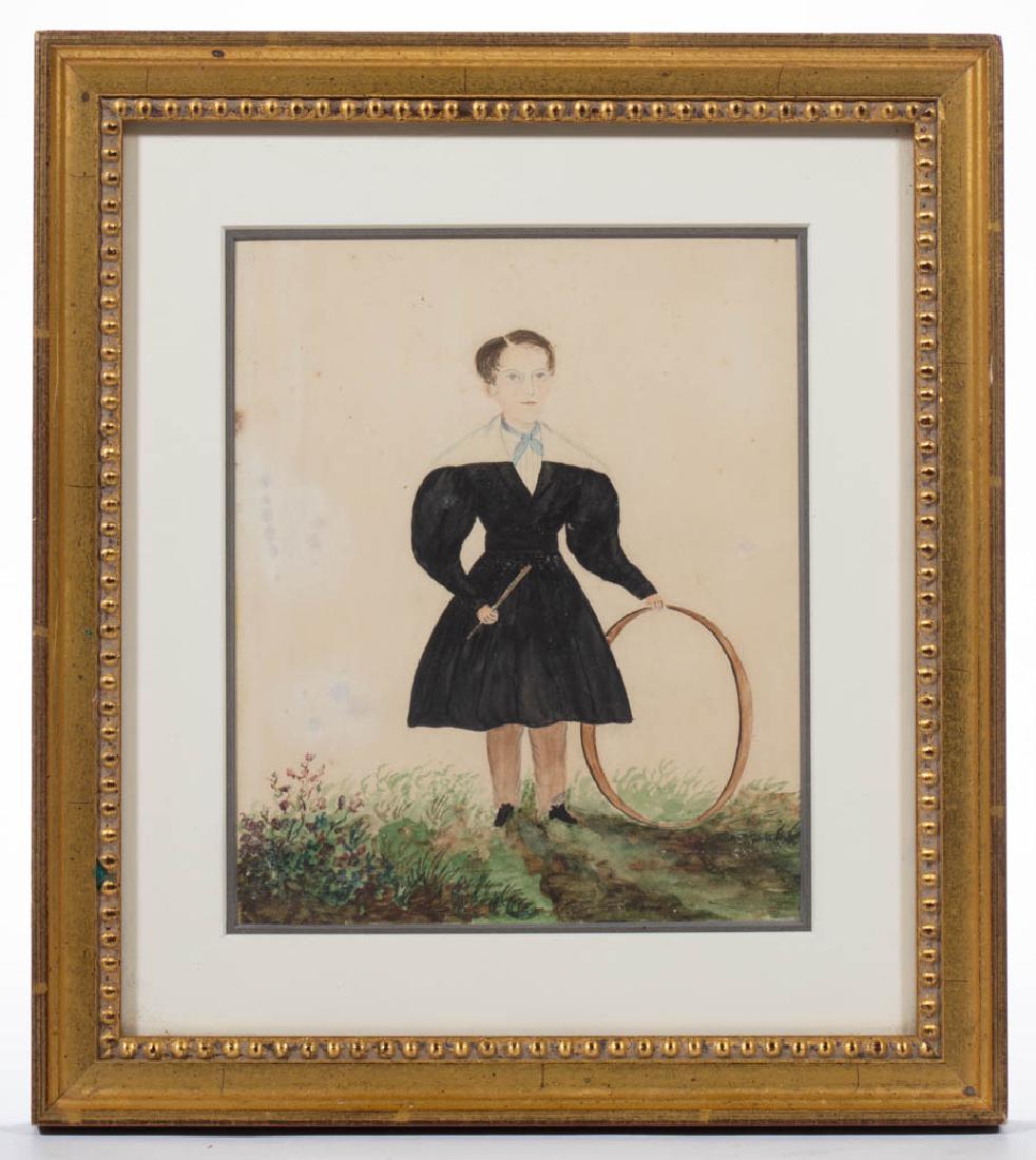 AMERICAN OR BRITISH SCHOOL (19TH CENTURY) FOLK ART: AMERICAN OR BRITISH SCHOOL (19TH CENTURY) FOLK ART PORTRAIT OF A BOY, watercolor and pencil on paper, full-length depiction of figure in a landscape setting holding hoop and stick, no signature locate