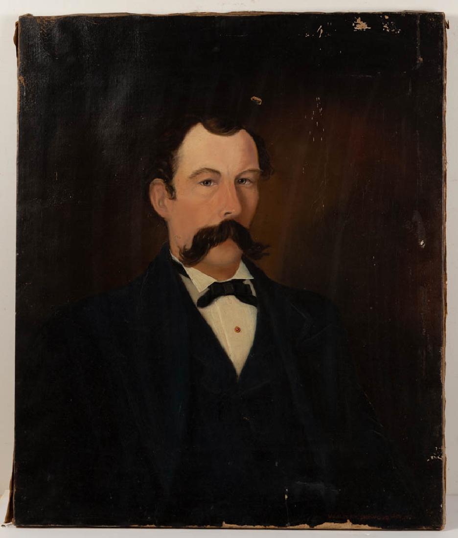 AMERICAN SCHOOL (19TH CENTURY) FOLK ART PORTRAIT OF A: AMERICAN SCHOOL (19TH CENTURY) FOLK ART PORTRAIT OF A MAN, oil on canvas, bust-length depiction of a gentleman with a handlebar mustache, dressed in a black suit. Signed in verso in the lower right co