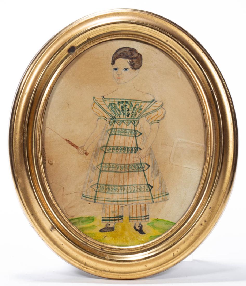 AMERICAN OR BRITISH SCHOOL (19TH CENTURY) FOLK ART: AMERICAN OR BRITISH SCHOOL (19TH CENTURY) FOLK ART PORTRAIT OF A BOY, watercolor on paper, full-length depiction of figure wearing green-striped Empire-style garment, holding a riding crop, no signatu