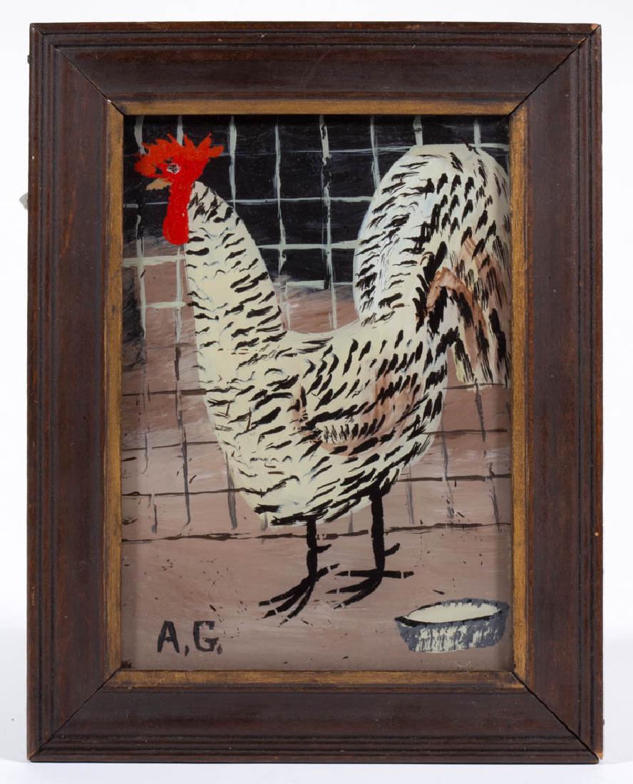 AMERICAN PAINTED FOLK ART REVERSE-PAINTING ON GLASS: AMERICAN PAINTED FOLK ART REVERSE-PAINTING ON GLASS, depicting a campine rooster, signed "A.G." in lower left corner. Housed in old, possibly original frame. Late 19th/early 20th century. 4 1/2" x 6 1