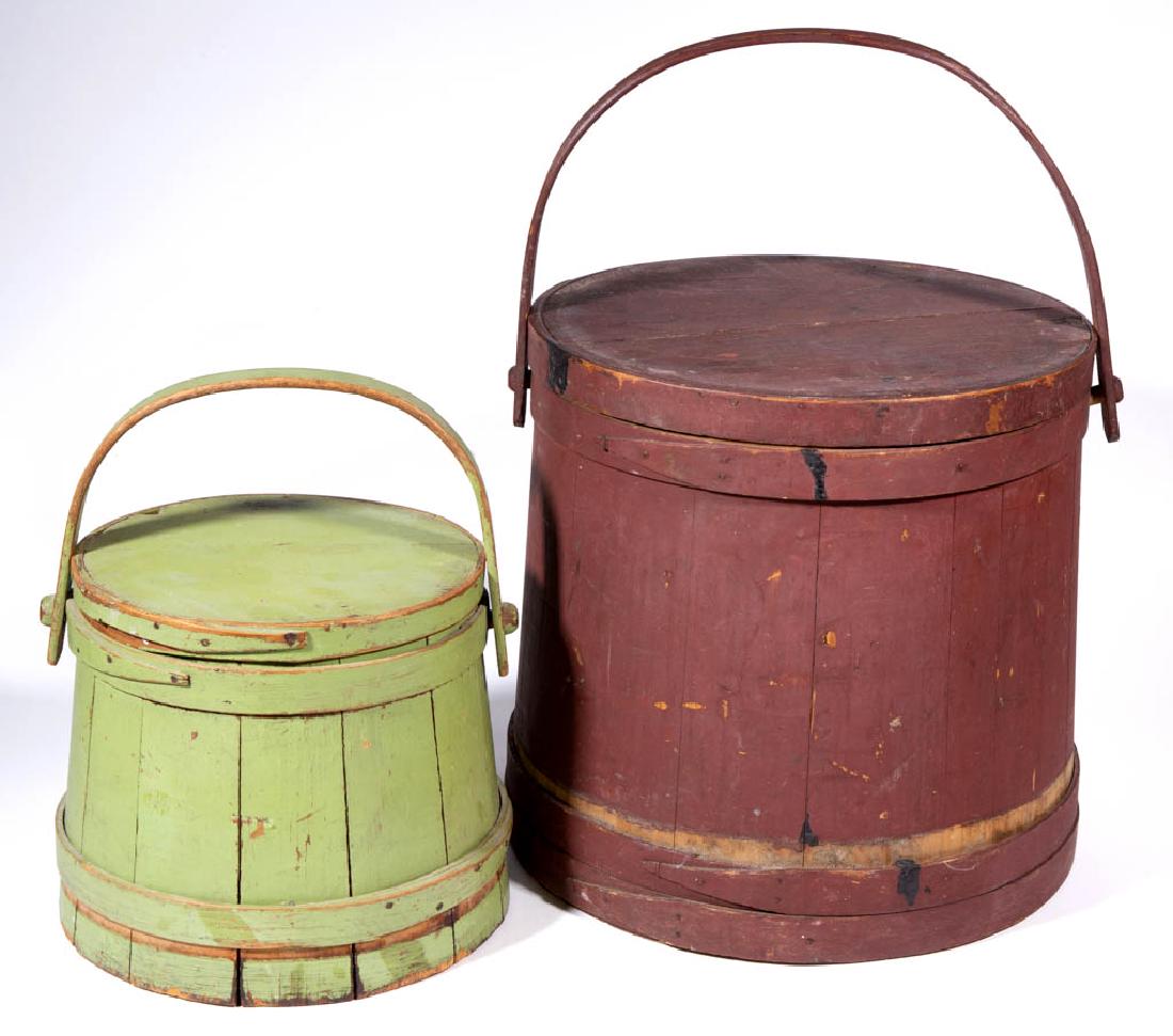 AMERICAN PAINTED TREEN SUGAR BUCKET / FIRKIN WITH (1 of 3)