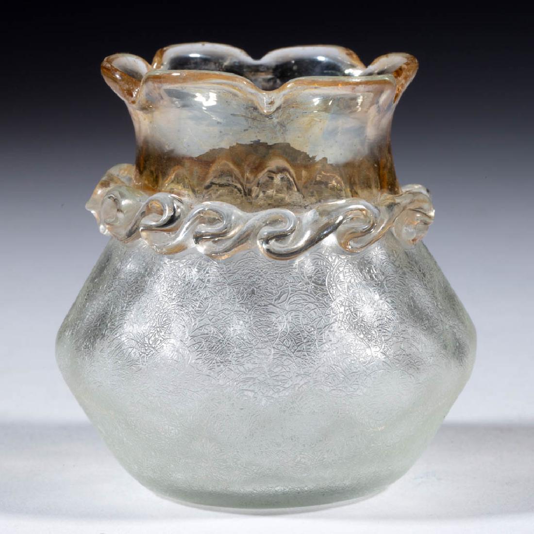 POMONA DIAMOND-OPTIC TOOTHPICK HOLDER: POMONA DIAMOND-OPTIC TOOTHPICK HOLDER, colorless, first patent etching, neck with applied rigaree, scalloped rim, polished pontil mark. New England Glass Co. Circa 1885. 2 1/2" H.Excellent condition o