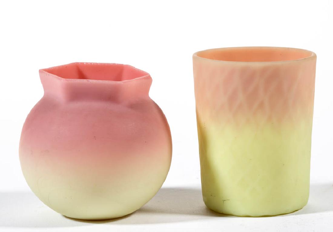 ASSORTED BURMESE TOOTHPICK HOLDERS, LOT OF TWO: ASSORTED BURMESE TOOTHPICK HOLDERS, LOT OF TWO, plush, comprising a slightly tapered Venetian-Diamond and a spherical form with a hexagonal mouth. Mt. Washington Glass Co. and Thomas Webb & Sons. Four