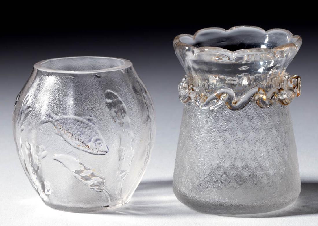 ASSORTED GLASS TOOTHPICK HOLDERS, LOT OF TWO: ASSORTED GLASS TOOTHPICK HOLDERS, LOT OF TWO, colorless, comprising a Fish in Pond and a first-patent Diamond-Optic Pomona example with applied rigaree and a scalloped rim. Various makers. Fourth quar