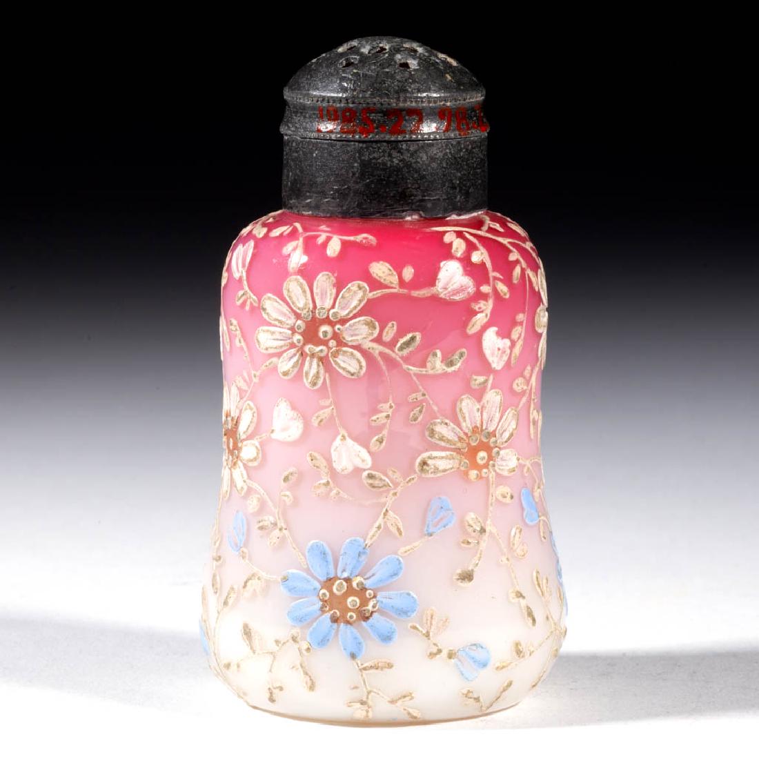 THOMAS WEBB QUEEN ANNE SALT SHAKER: THOMAS WEBB QUEEN ANNE SALT SHAKER, glossy peach blow with polychrome enamel-decoration, waisted form with floral decoration, period lid. Thomas Webb & Sons. Fourth quarter 19th century. 3 1/2" H.Unda