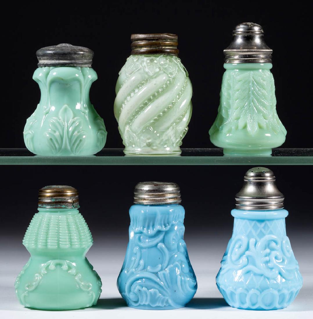 DITHRIDGE OPAQUE GLASS SALT AND PEPPER SHAKERS, LOT OF: DITHRIDGE OPAQUE GLASS SALT AND PEPPER SHAKERS, LOT OF SIX, opaque green and opaque blue, including Double Deck, Ear, and Four Leaf examples, each with a period lid. Dithridge & Co. Late 19th/early 20