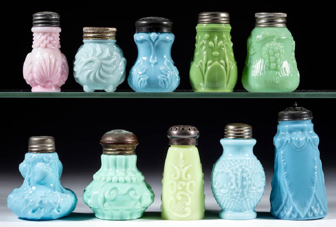 ASSORTED OPAQUE GLASS SALT AND PEPPER SHAKERS, LOT OF: ASSORTED OPAQUE GLASS SALT AND PEPPER SHAKERS, LOT OF TEN, various colors, including a Rib and Scroll, a Cathedral Panel, a Cornered Base Leaf, and a Beaded Lattice and Frames, each with a period lid.