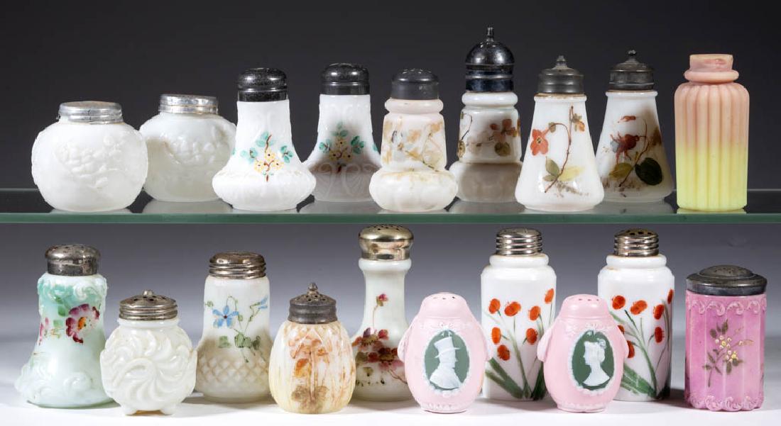 ASSORTED OPAQUE GLASS SALT AND PEPPER SHAKERS, LOT OF: ASSORTED OPAQUE GLASS SALT AND PEPPER SHAKERS, LOT OF 17, opaque white/milk glass and plush Burmese, including a Mt. Washington Ribbed Burmese lacking lid, a Fostoria Knobby, and a pair of Wave Crest 
