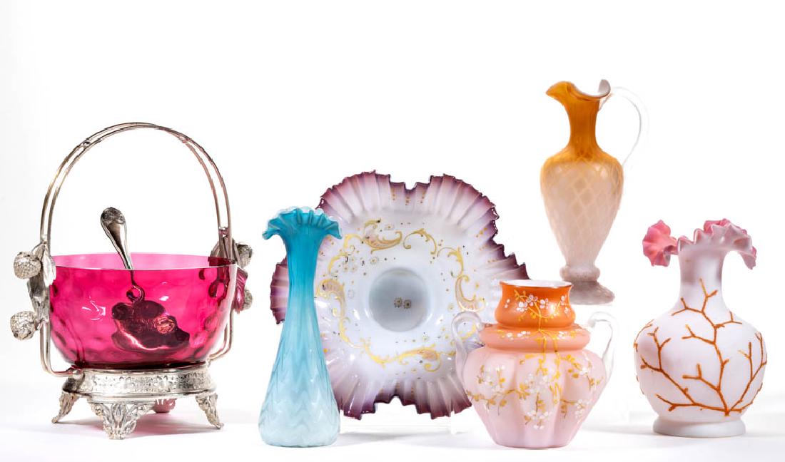 ASSORTED VICTORIAN GLASS ARTICLES, LOT OF SIX: ASSORTED VICTORIAN GLASS ARTICLES, LOT OF SIX, various colors, including a Diamond-Optic air-trap ewer, a Herringbone air-trap base, a shaded amethyst bride's bowl with enamel-decoration, and a cranbe