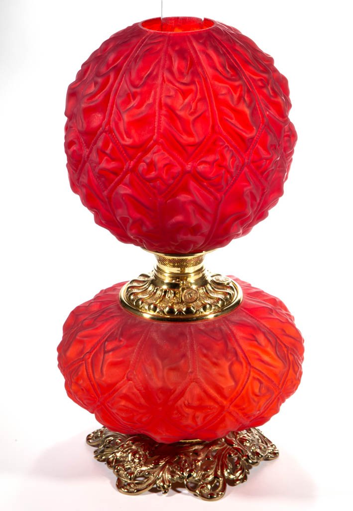CONSOLIDATED IMPERIAL SQUAT-FORM PARLOR / GONE WITH THE: CONSOLIDATED IMPERIAL SQUAT-FORM PARLOR / GONE WITH THE WIND LAMP, Cerise/red/ruby cased with satin finish, matching pattern ball-form shade; compressed globular-form font vase with brass liner; cast-