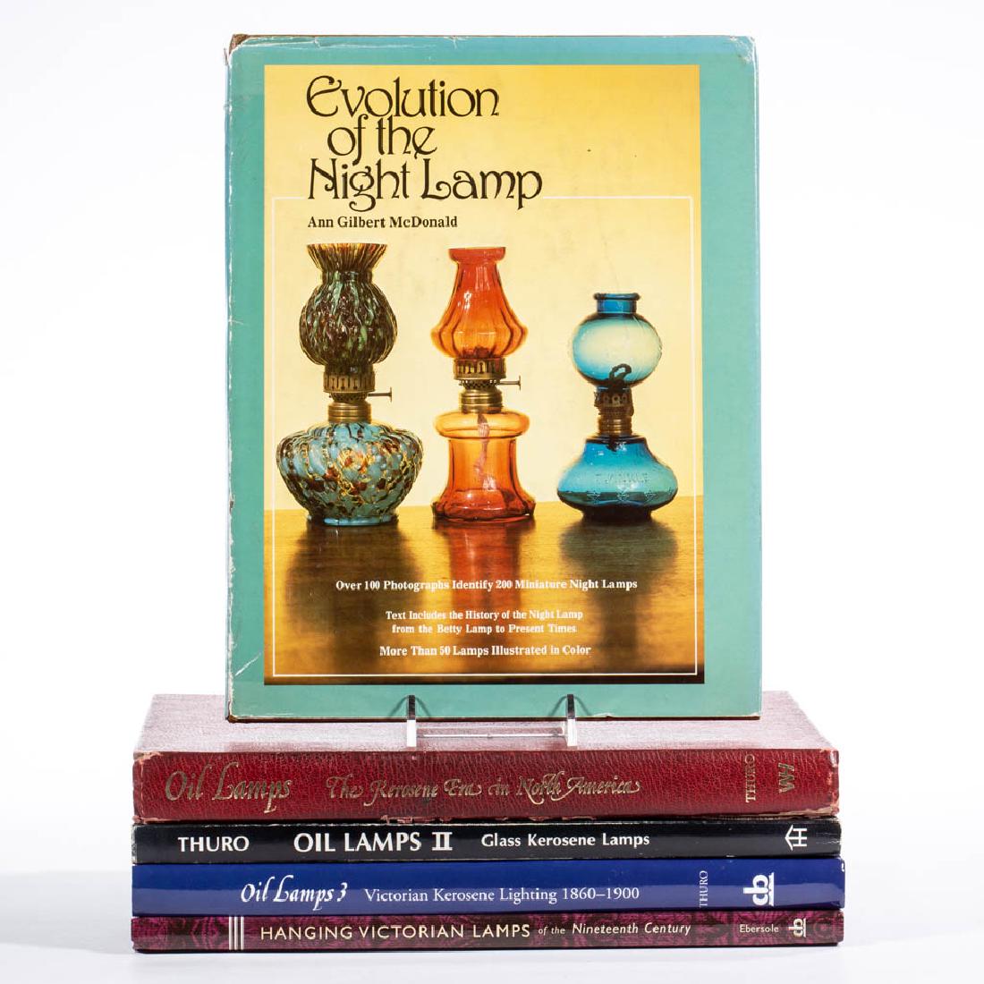 ASSORTED LIGHTING REFERENCE VOLUMES, LOT OF FIVE: ASSORTED LIGHTING REFERENCE VOLUMES, LOT OF FIVE, comprising Thuro, "Oil Lamps" Volumes 1-3; Ebersole, "Hanging Victorian Lamps"; and McDonald, "Evolution of the Night Lamp". Hard backs. Oil Lamps I w