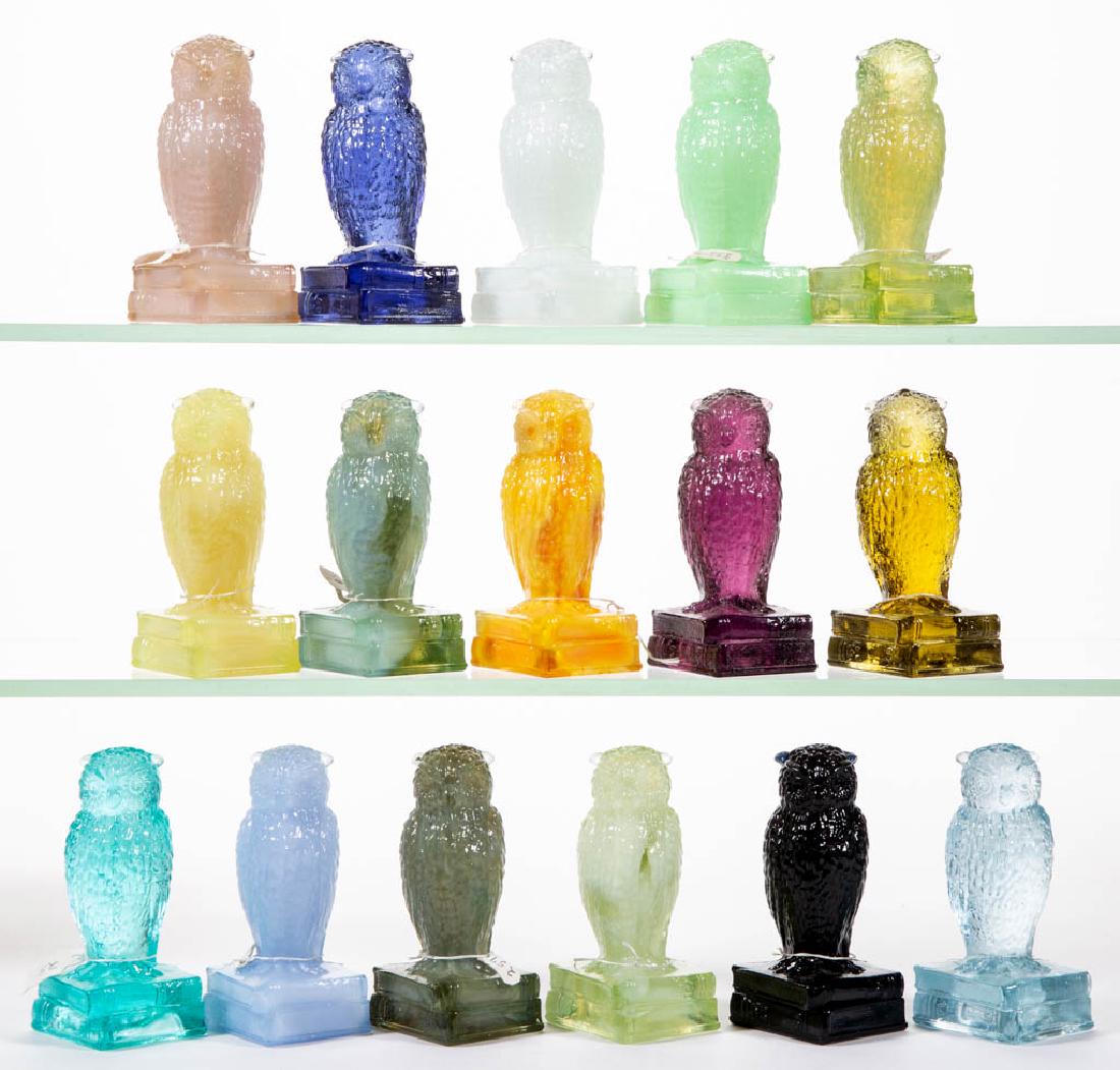 DEGENHART GLASS OWL FIGURES, LOT OF 16: DEGENHART GLASS OWL FIGURES, LOT OF 16, various colors, including green slag and lemon opal. Each with Degenhart "D" mark. Crystal Art Glass Co., Cambridge, OH. Second half 20th century. 3 5/8" H. Und