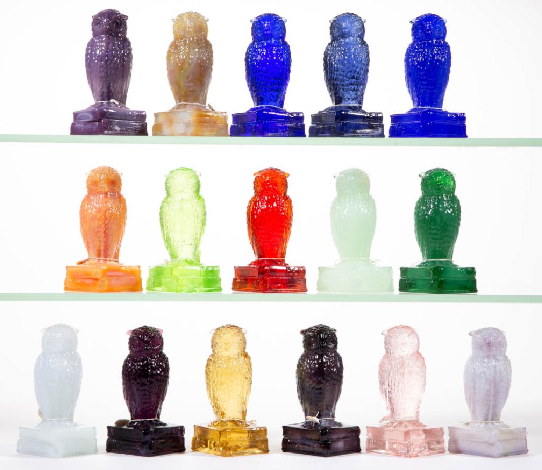 DEGENHART GLASS OWL FIGURES, LOT OF 16: DEGENHART GLASS OWL FIGURES, LOT OF 16, various colors, including tangerine and jade. Each with Degenhart "D" mark. Crystal Art Glass Co., Cambridge, OH. Second half 20th century. 3 5/8" H.Undamaged.