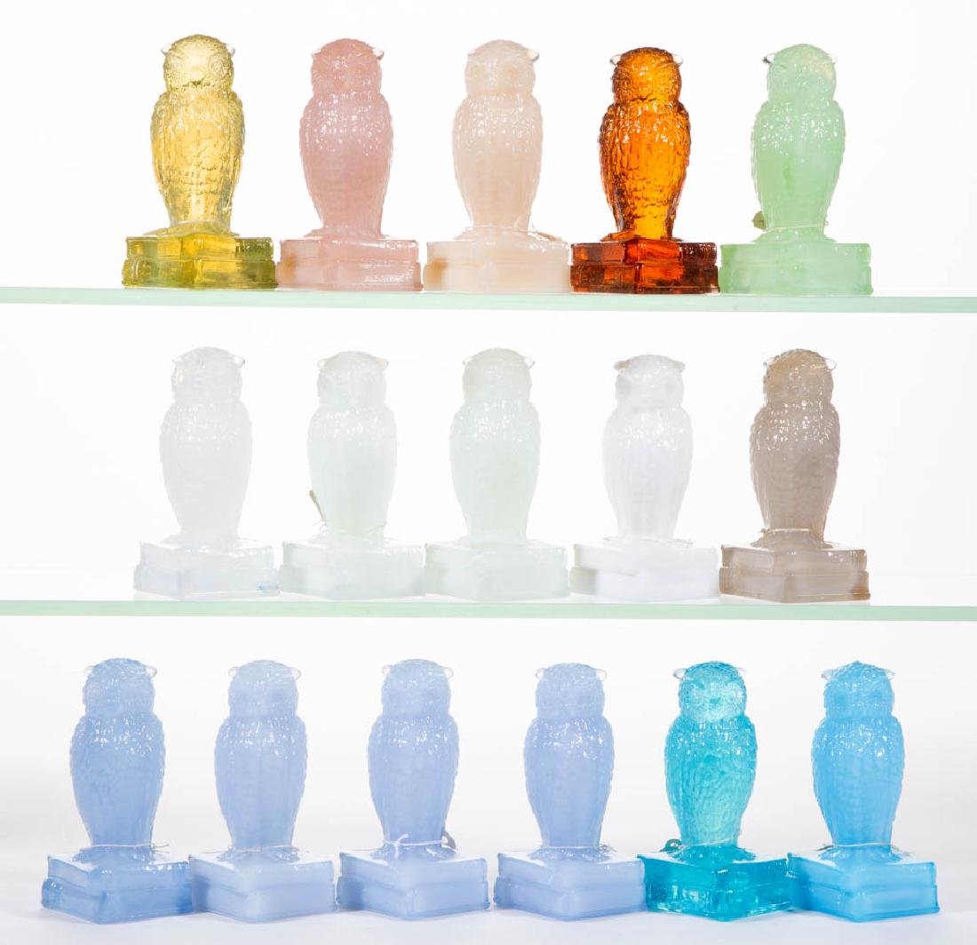 DEGENHART GLASS OWL FIGURES, LOT OF 16: DEGENHART GLASS OWL FIGURES, LOT OF 16, various colors, including seafoam green and wanda blue. Each with Degenhart "D" mark. Crystal Art Glass Co., Cambridge, OH. Second half 20th century. 3 5/8" H. 