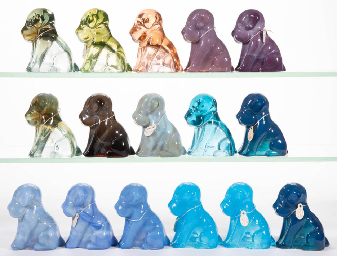 DEGENHART GLASS DOG / POOCH FIGURES, LOT OF 16: DEGENHART GLASS DOG / POOCH FIGURES, LOT OF 16, various colors, including grey blue marble and toffee. Each with Degenhart "D" mark. Crystal Art Glass Co., Cambridge, OH. Second half 20th century. 3"