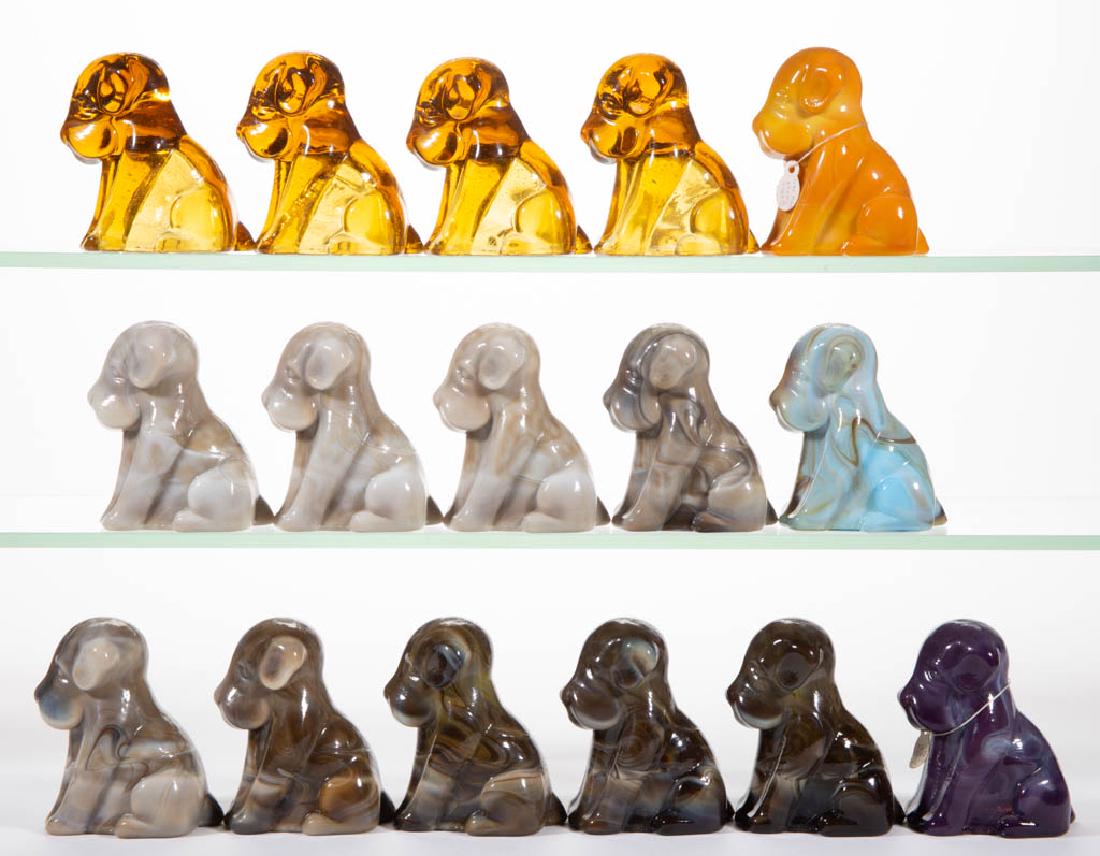 DEGENHART GLASS DOG / POOCH FIGURES, LOT OF 16: DEGENHART GLASS DOG / POOCH FIGURES, LOT OF 16, various colors, including bittersweet and golden glow. Each with Degenhart "D" mark. Crystal Art Glass Co., Cambridge, OH. Second half 20th century. 3"