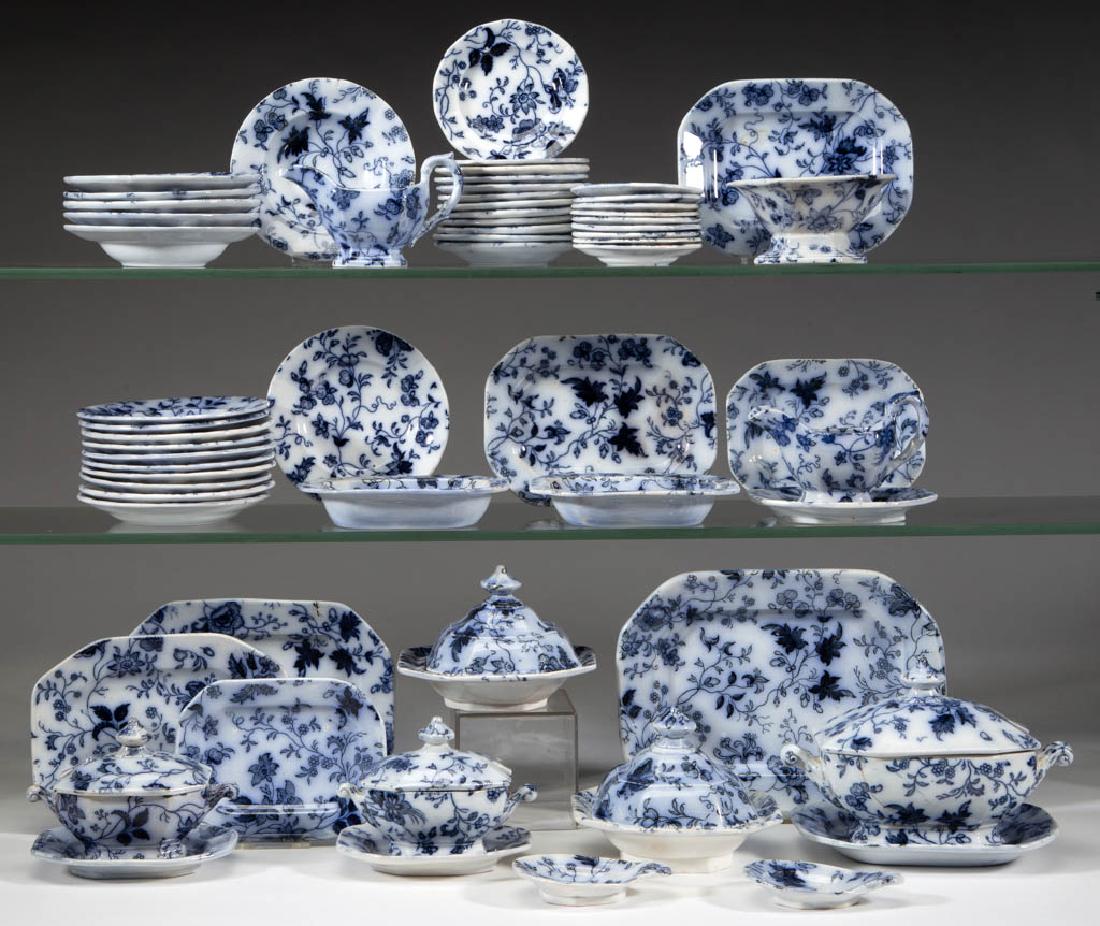 ENGLISH STAFFORDSHIRE FLOW BLUE CERAMIC CHILDREN'S TOY: ENGLISH STAFFORDSHIRE FLOW BLUE CERAMIC CHILDREN'S TOY TABLE ARTICLES, LOT OF 61, including four graduated platters, two 3" x 2 1/4" pickle dishes, three covered tureens with undertrays, a 1 3/4" H oc