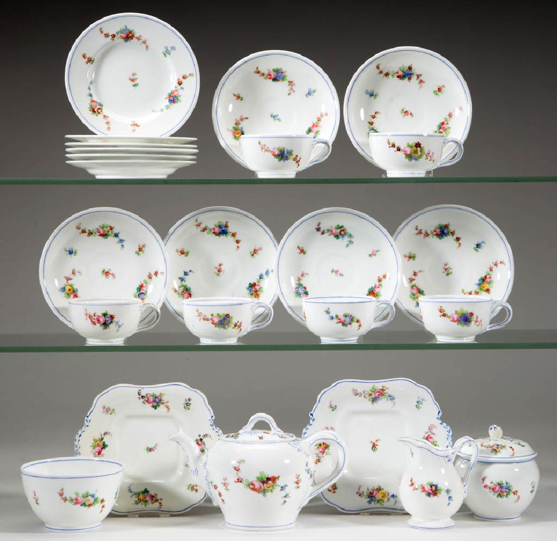 ENGLISH PORCELAIN MINTON HAND-PAINTED CHILDREN'S TOY: ENGLISH PORCELAIN MINTON HAND-PAINTED CHILDREN'S TOY 24-PIECE TEA SET, comprising a covered teapot, a covered sugar, a creamer, a 3 5/8" D waste bowl, two square trays, six 4 7/8" D plates, and six cu