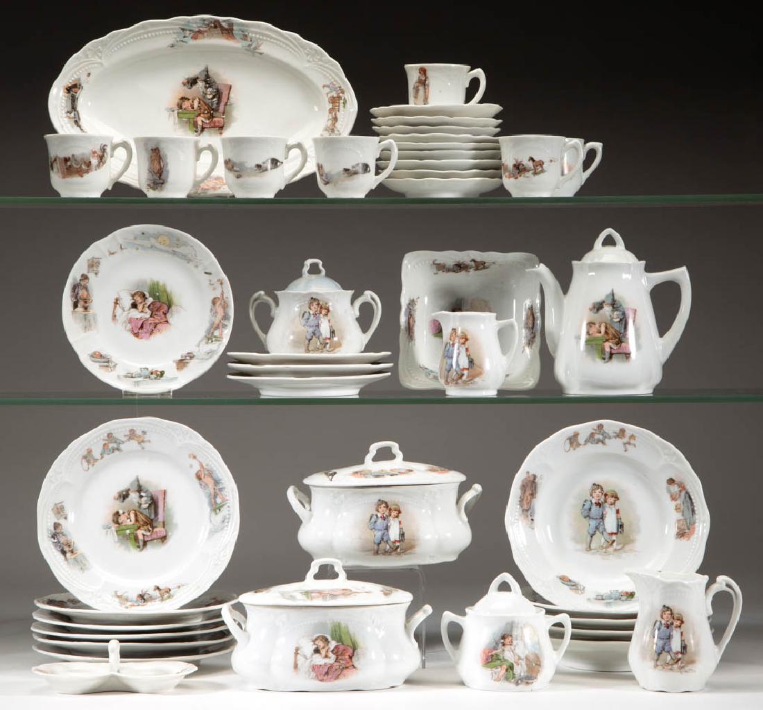 GERMAN PORCELAIN "SANDMAN" CHILDREN'S TOY TEA AND TABLE: GERMAN PORCELAIN "SANDMAN" CHILDREN'S TOY TEA AND TABLE ARTICLES, LOT OF 41, including a covered teapot, two covered sugars, two creamers, two oval covered servers, seven cups and saucers, five 6 1/8"