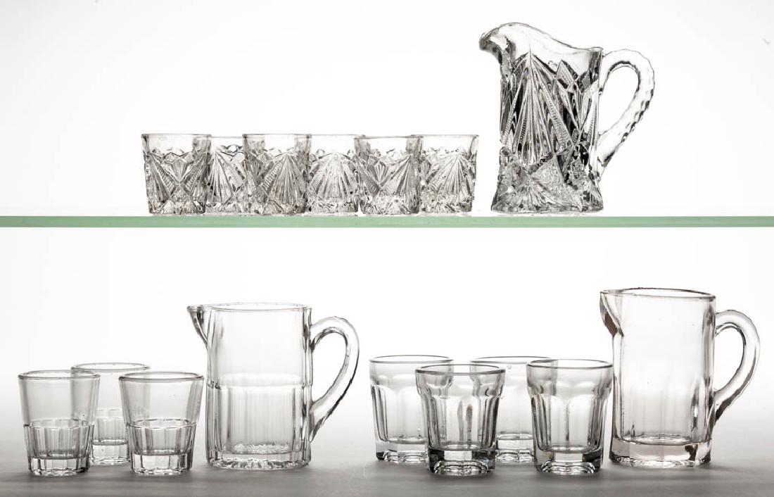 ASSORTED PRESSED CHILDREN'S TOY DRINKING ARTICLES, LOT: ASSORTED PRESSED CHILDREN'S TOY DRINKING ARTICLES, LOT OF 16, colorless, comprising a Colonial five-piece water set, a Cambridge Nearcut four-piece water set, and a Fancy Cut seven-piece water set. Va
