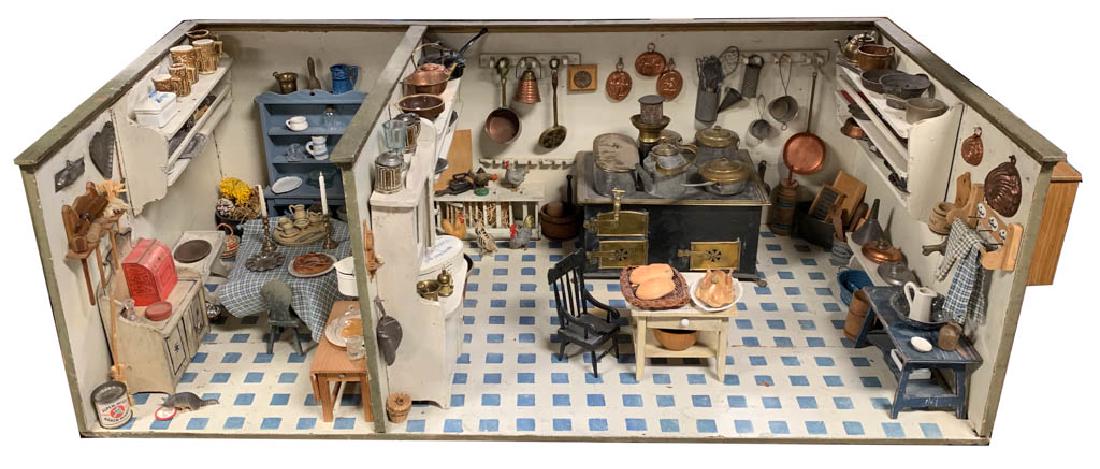 KITCHEN / DINING ROOM DIORAMA: KITCHEN / DINING ROOM DIORAMA, wood construction with polychrome-painted finish. Together with various dollhouse/miniature articles including a stove, a Beaumont Bros. pottery crock, painted furniture